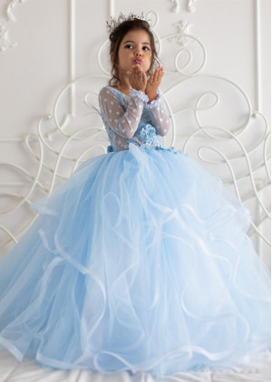 Long Sleeves Sky Blue Polka Dot Lace Tulle Flower Girl Dress